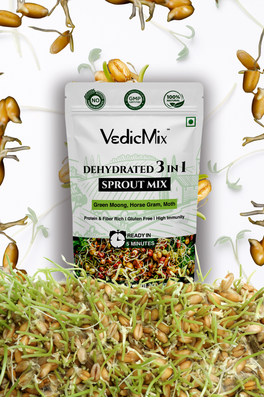 Packaging of VedicMix dehydrated 3 in 1 sprout mix with an overlay of sprouted beans image.