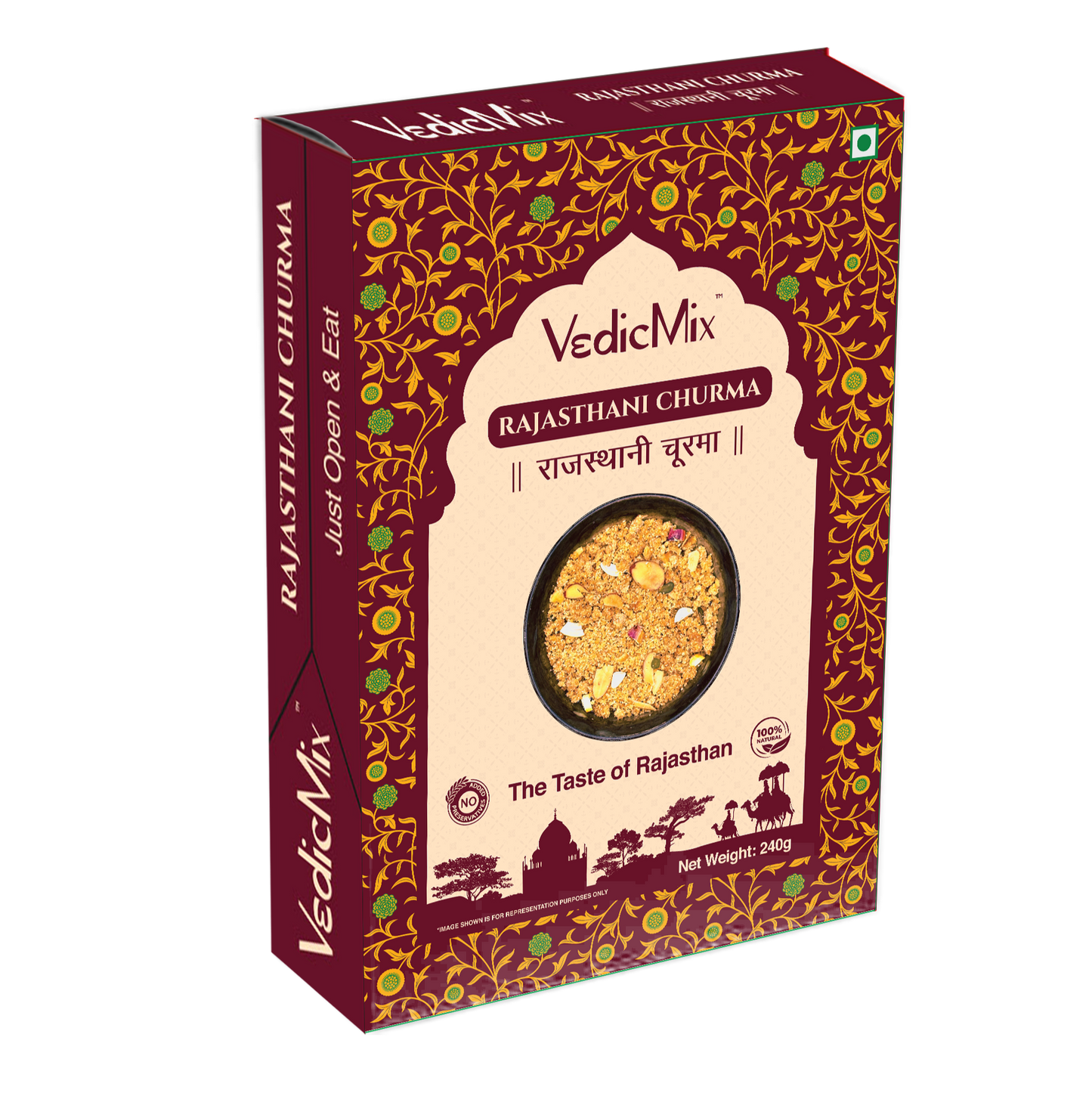 Packaging of 'Rajasthani Churma' showing the product name and an image of the wheat flour-based sweet with dry fruits on top.