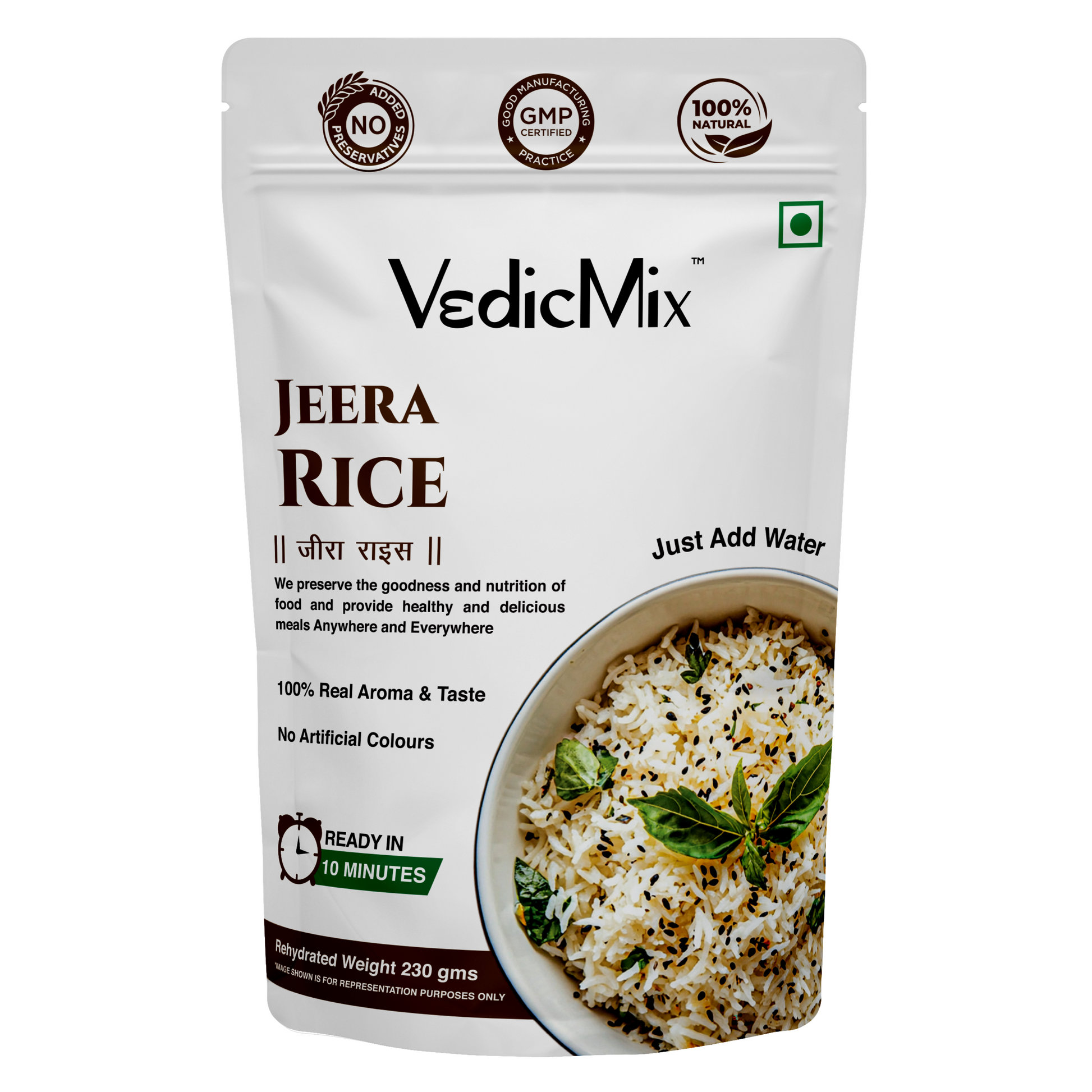 Packaging of VedicMix Jeera Rice showing the product name, a picture of the cumin-infused basmati rice, and nutritional information.