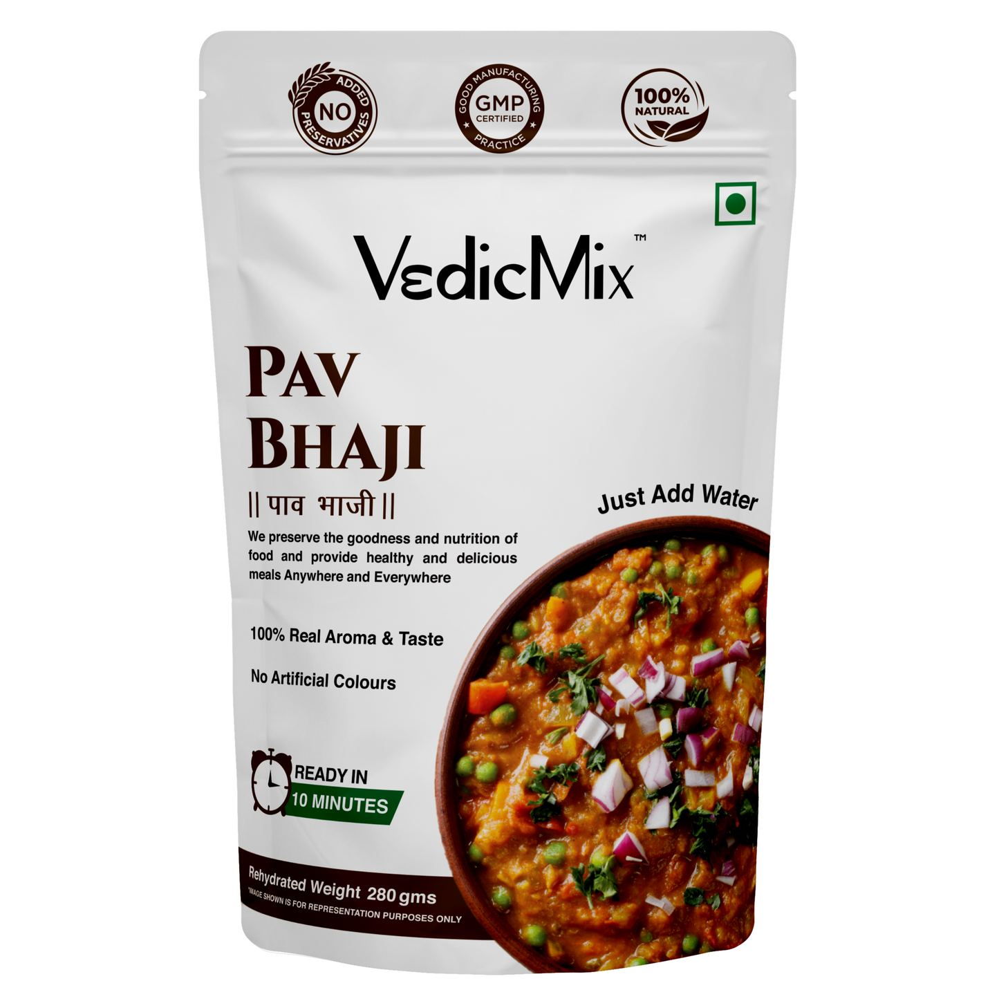 Packaging of VedicMix Pav Bhaji mix with a picture of the prepared dish on the front.