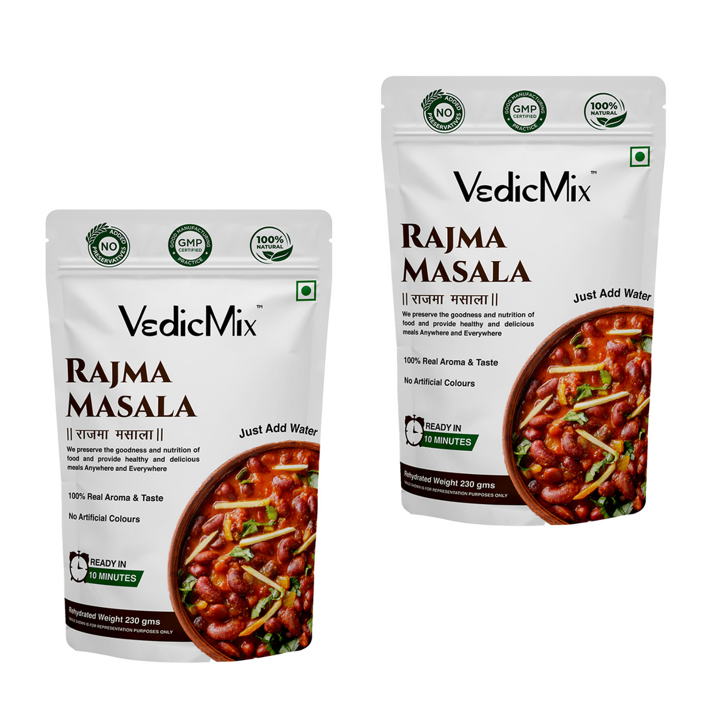 Two packages of VedicMix Rajma Masala on a white background