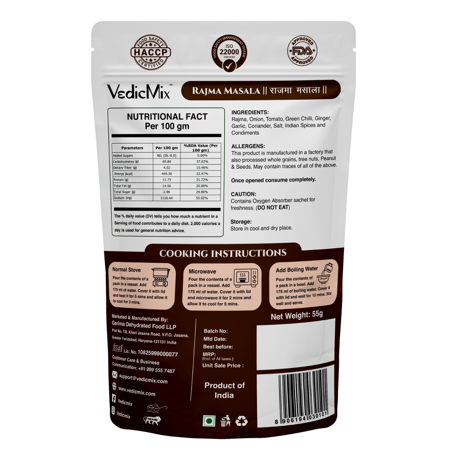 VedicMix Rajma Masala packaging with nutritional facts and cooking instructions on a white background