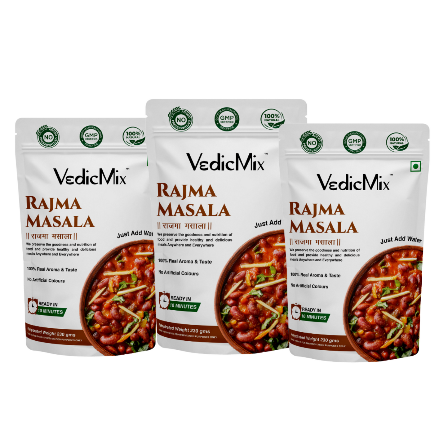 Three packages of VedicMix Rajma Masala on a white background