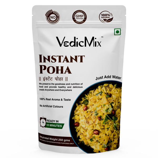 Packaging of VedicMix Instant Poha with a picture of the prepared dish on the front, indicating no added colors and 100% real ingredients.