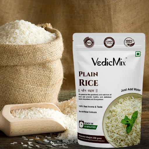 Packaging of VedicMix Plain Rice with a wooden scoop and a burlap bag in the background, displaying the product name and 'Just Add Water' instruction.