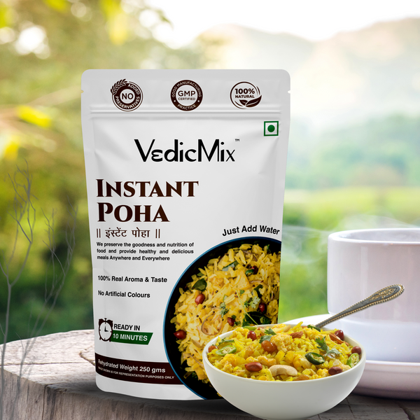 Packaging of VedicMix Instant Poha with a bowl of prepared Poha in the foreground, set against a natural outdoor backdrop.