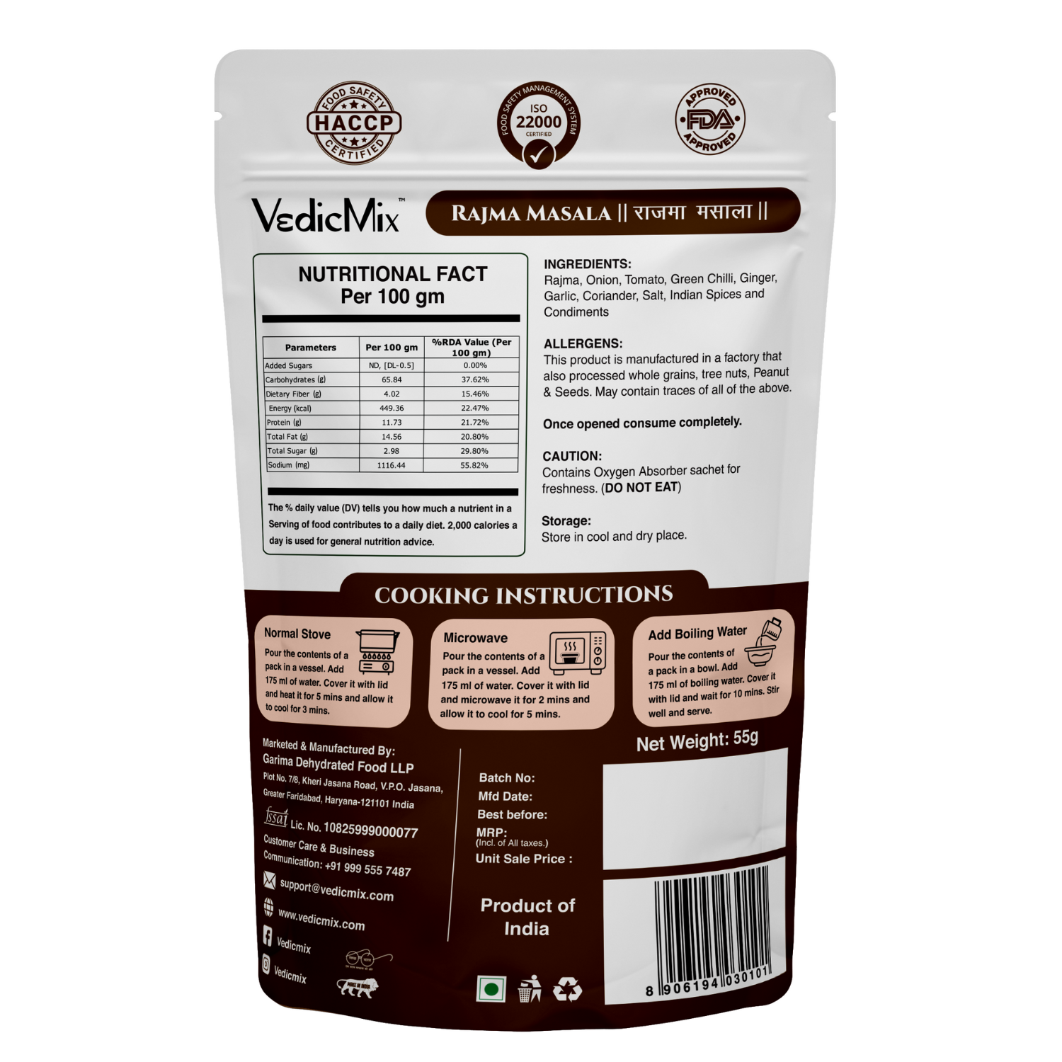 VedicMix Rajma Masala packaging with nutritional facts and cooking instructions on a white background